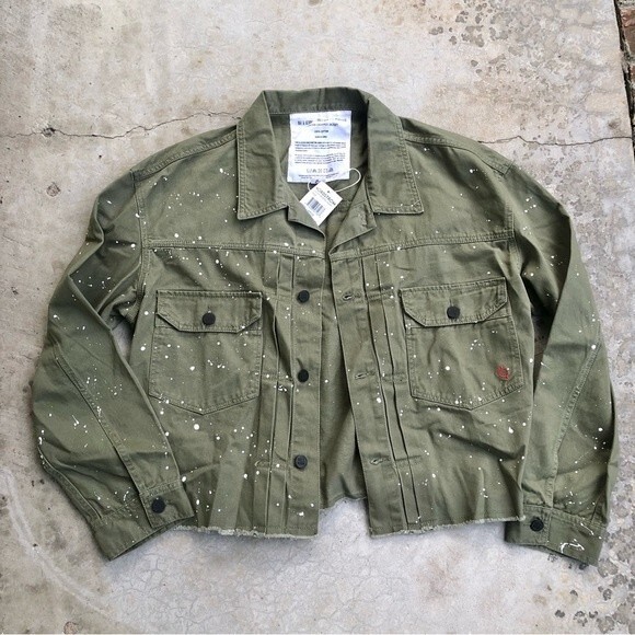 NWT Oak & Acorn Painter Cropped Jacket Sage Green Cotton Splatter L - Picture 6 of 13